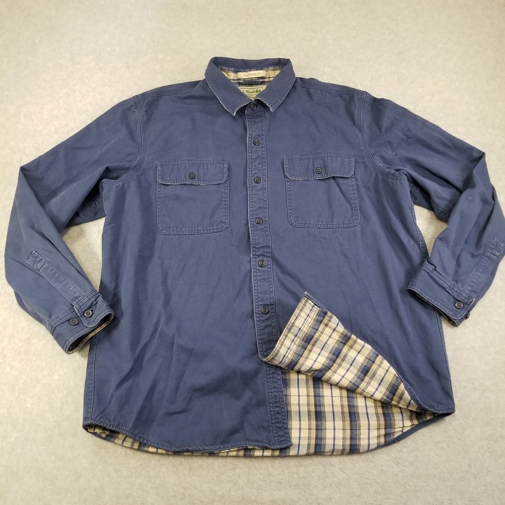 L.L. Bean Hurricane Shirt Mens Large Blue Flannel Lined Shacket Solid Heavy Warm